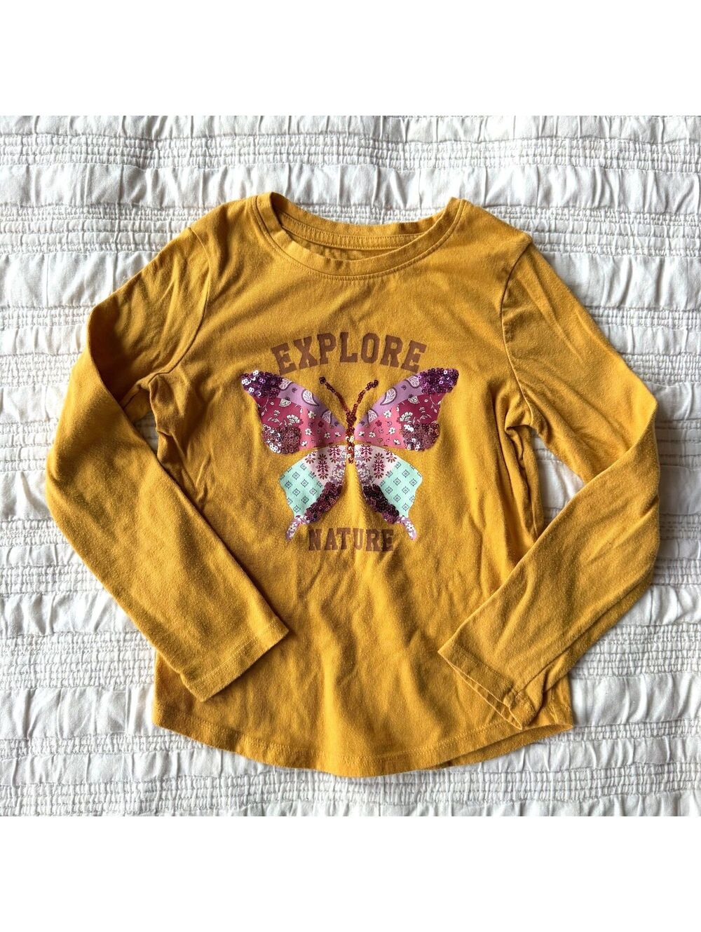 Jumping Beans Girls Size 5 Yellow Explore Nature Butterfly Long Sleeve Graphic T